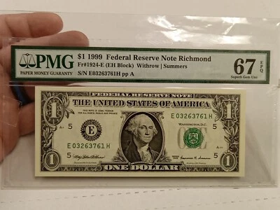 $1 1999 Withrow/Summers Richmond PMG 67 EPQ Superb Gem Uncirculated  - Image 1 of 2
