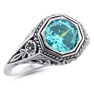 VINTAGE STYLE SOLITAIRE 925 STERLING SILVER AQUAMARINE CZ FILIGREE RING #1229 - Picture 1 of 4