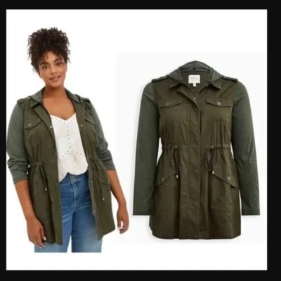 Torrid Drawstring Anorak Twill & Jersey Cargo Jacket  Olive Green Sz 4XL - Image 1 of 4