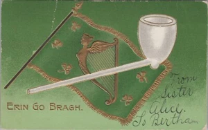 c1910s St Patrick's Day Erin Go Bragh pipe flag harp embossed postcard E205 - Picture 1 of 2