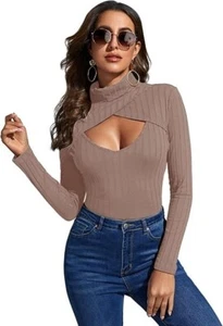 SweatyRocks Women's Long Sleeve Turtleneck Cut Out Front Ribbed Knit Tee Shirt2X - Picture 1 of 2