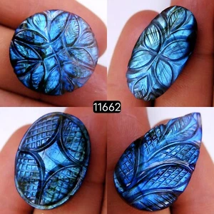 4 Pcs 101 Cts Multi Fire Labradorite Carving Gemstone Lot 30x14-24x24mm #R-11662 - Picture 1 of 4