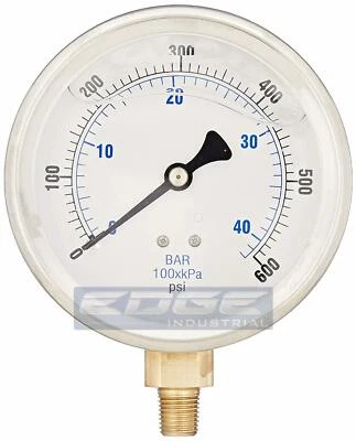 LIQUID FILLED PRESSURE GAUGE 0-600 PSI, 4" FACE, 1/4" LOWER MOUNT - Image 1 of 2