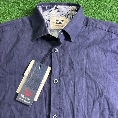 Report Collection Summer Linen Mens Blue Button Down Short Sleeve Size Med NWT - Image 1 of 4