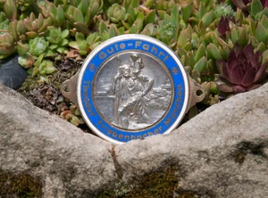 ENAMEL AUTOMOBILE CAR RADIATOR DEALER BADGE # ST. CHRISTOPHER GOOD TRIP MUNICH - Bild 1 von 2