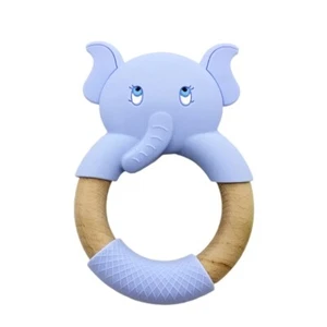 Silicone Wood Teether Blue Elephant Chew Toy for Baby and Newborn, Teething Ring - Picture 1 of 1