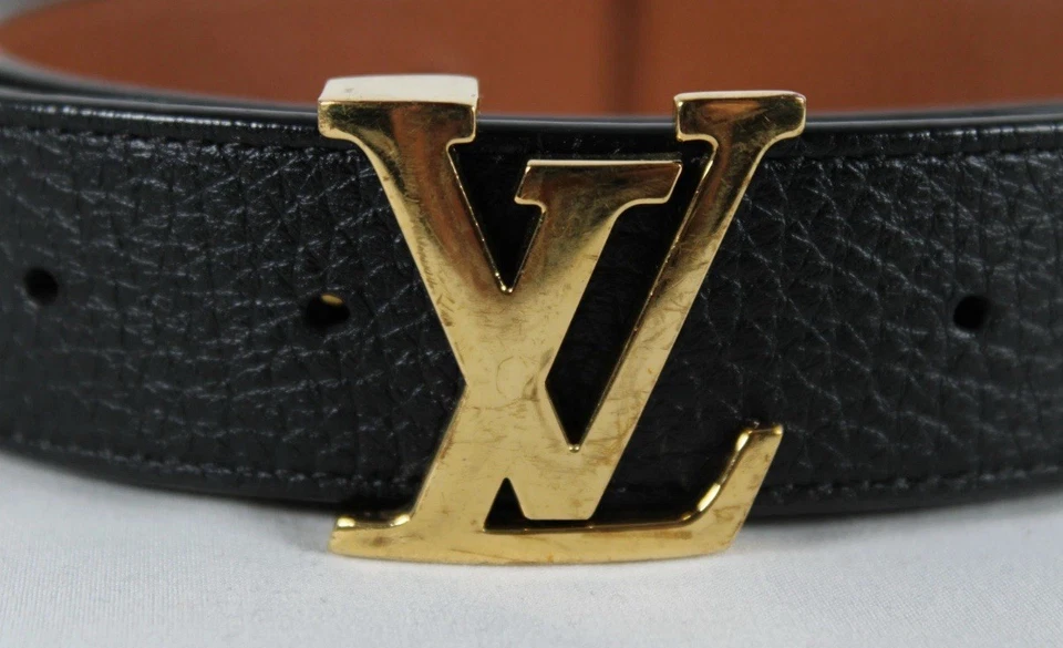 G2U LOUIS VUITTON Black  Brown Leather Gold LV Logo Buckle Reversible Belt 90 36 - Image 1 of 4