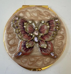Vintage Strass Schmetterling Emaille Metallic goldfarben zwei Spiegel/Lippenstifte Etui - Bild 1 von 7