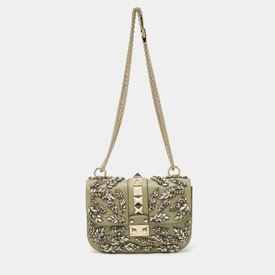 Valentino Olive Green Leather Small Rockstud Glam Lock Crystals Flap Bag - Image 1 of 4
