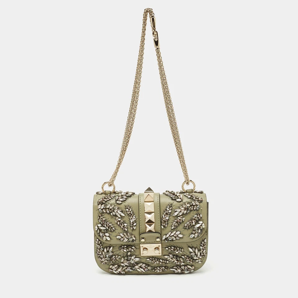 Valentino Olive Green Leather Small Rockstud Glam Lock Crystals Flap Bag - Image 1 of 4