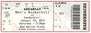 Arkansas Razorbacks Basketball Ticket Stub Vanderbilt Game 1/10/2015 Bud Walton - Imagen 1 de 2