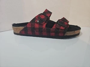 Birkenstock Arizona Rivet Sandals Plaid Straps Shearling Footbed Red SZ 46 M13 - Picture 1 of 6
