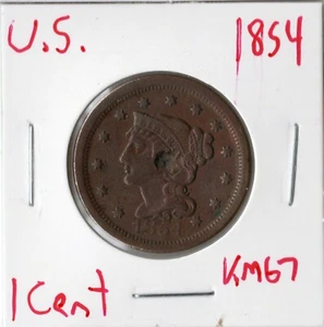 Moneda Estados Unidos centavo pelo trenzado 1854 KM67 - Imagen 1 de 4