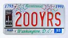 RARE 1991 Washington DC Bicentennial Sample License Plate 200 YRS