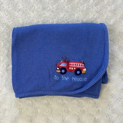Just Born To The Rescue Fire Truck Baby Blanket Blue Thermal Waffle Weave Red - Image 1 of 4