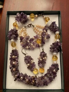 AMETHYST PERLE GELB TOPAS HALSKETTE SET - Bild 1 von 2