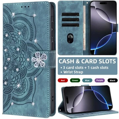 Rhinestone Embossed Wallet Case for iPhone 16 Pro Max 15 14 Plus13 12 Flip Cover - Image 1 of 4