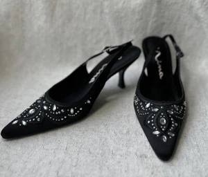 NINA Womens Blk Satin +Rhinestones Slingback Heels Sz 7M Pre-owned - Picture 1 of 14