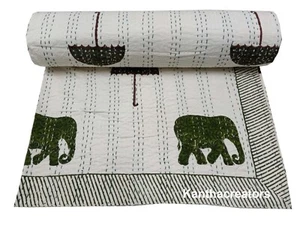 Solid kantha Quilt Reversible Cotton Bedcover Indian Bedspread Modern Blanket - Picture 1 of 8