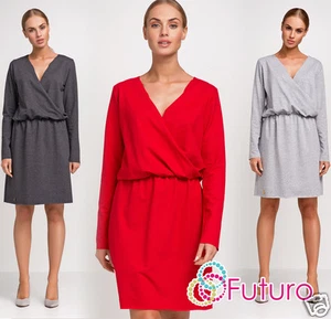 Reino Unido Damas Envolvente Vestido Cuello en V Mangas Largas Cóctel Talla 8 10 12 14 FA435 - Imagen 1 de 1