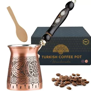 12 Oz Copper Turkish Greek Arabic Coffee Pot With Wooden Handle 4 Servings Cez - Picture 1 of 6