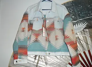 Lumister Women's Aztec Denim Jacket Distressed Lapel Long Sleeve Vintage Button - Picture 1 of 6