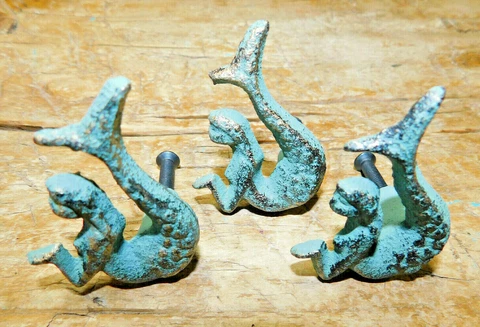 6 Cast Iron NAUTICAL MERMAID Style Drawer Pull, Barn Handle, Door Handles Beach Cover
