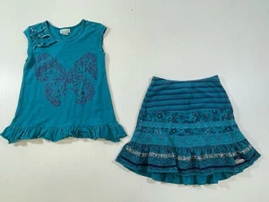 Naartjie Girls 100% Cotton Blue Short Sleeve Butterfly Top & Skirt 2Pc Set 4 - Picture 1 of 11