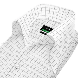 Camicia uomo manica lunga collo alto aperto fiocco coreana bianca a quadri 100% cotone - Foto 1 di 5