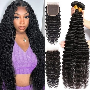 Paquetes de cabello humano con cierre (cierre 20 22 24+18) paquetes de onda profunda con... - Imagen 1 de 7