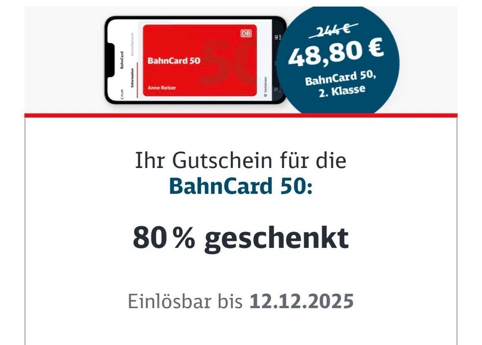 BahnCard 50 Deutsche Bahn DB 80% Rabatt Gutschein - Bild 1 von 1