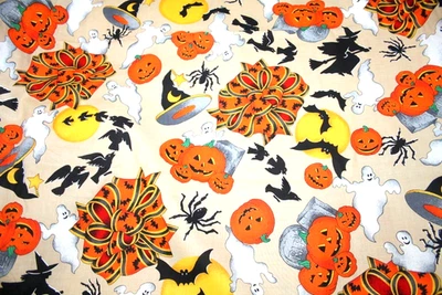 60 INCH WIDE PUMPKINS, BOWS, SPIDERS, WITCHES, GHOSTS, HATS - 100% COTTON FABRIC - Image 1 of 4