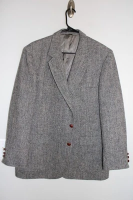BLUE TAN HERRINGBONE 100% WOOL HARRIS TWEED SPORT COAT sz 44R wood button jacket - Image 1 of 4