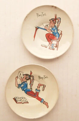 2 Vintage Tin Lithograph Children's Plates Teen Age Girl With Pony Tail 3.5 Inch - Image 1 of 2