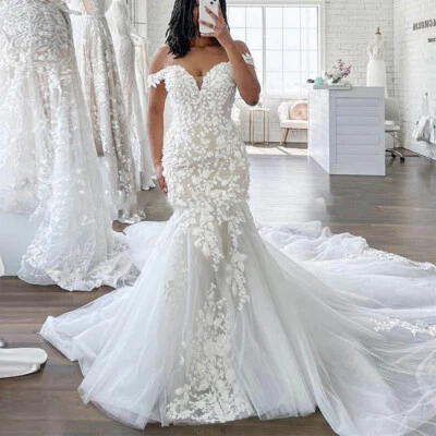 Off The Shoulder Wedding Dresses Lace Appliques Starps Sweep Train Bridal Gowns - Image 1 of 4