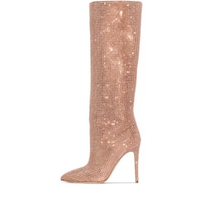 Womens Rhinestones Knee High Heel Boots Fashion Clubwear Long Glitter Shoes Lady - Picture 1 of 25