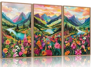Wildflower Blossom Framed Canvas Wall Art Set, Colorful Flowers Painting, Abs... - Picture 1 of 6