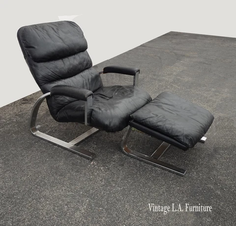Vintage Milo Baughman Cantilever Black Chrome Lounge Chair and Ottoman Asis Cover