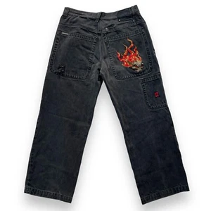 RARE Vintage Y2K JNCO Jeans Flaming Skull 36 x 32 Black Wide Grunge Fire 90s - Picture 1 of 11