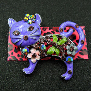 Betsey Johnson Lady Rhinestone Cute Flower Cat Crystal Charm Brooch Pin Gift