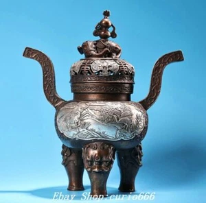 Qianlong Marked Pure Bronze Silvering Beast Double Ears 3 Legs Elephant Censer - Picture 1 of 9