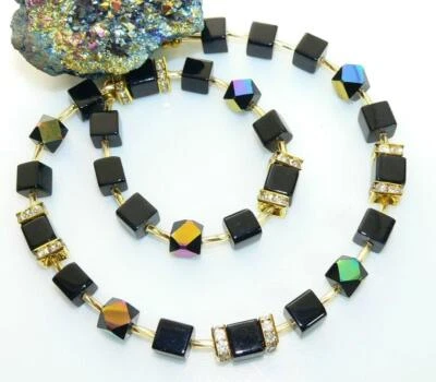 HALSKETTE COLLIER  WÜRFEKETTE schwarz AB facettiert SCHWARZ STRASS  Gold 408b - Bild 1 von 4