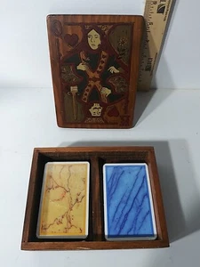 Vintage Playing Cards 2 Deck Wood Case King Queen Of Hearts Made In France - Picture 1 of 5