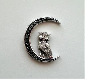 Designer 10K White Gold 0.50CT White Black Diamond Cluster Owl Moon Pendant - Picture 1 of 4