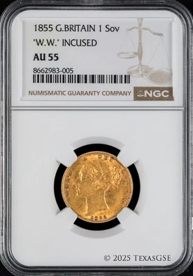 1855 Great Britain Gold Sovereign Victoria Shield NGC AU 55 "W.W." Incused - Image 1 of 2
