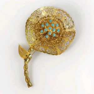 Vtg Ornate Gold Tone Filigree Flower Brooch Turquoise Cabochons Statement Pin - Picture 1 of 9