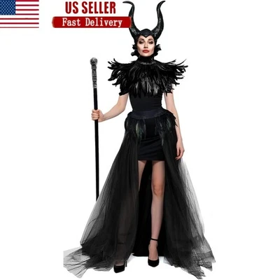 Delux Maléfica Disfraz Tul Falda Pluma Cabo Cuernos Halloween Conjunto Nuevo Foto 1 de 4