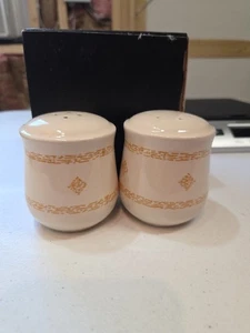 Salero y pimentero de cerámica vintage beige con patrón dorado decoración de cocina retro - Imagen 1 de 8