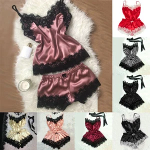 Mujeres Sexy Satén Encaje Prendas para dormir Pijama Conjunto Babydoll Lencería Pantalones Cortos Prendas para dormir - Imagen 1 de 20