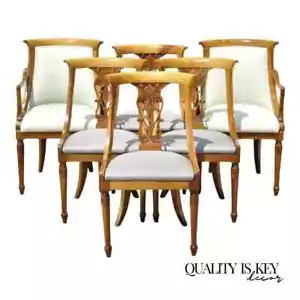 Italian Neoclassical Regency Cherry Wood Saber Leg Dining Chairs - Set of 6 - Picture 1 of 11